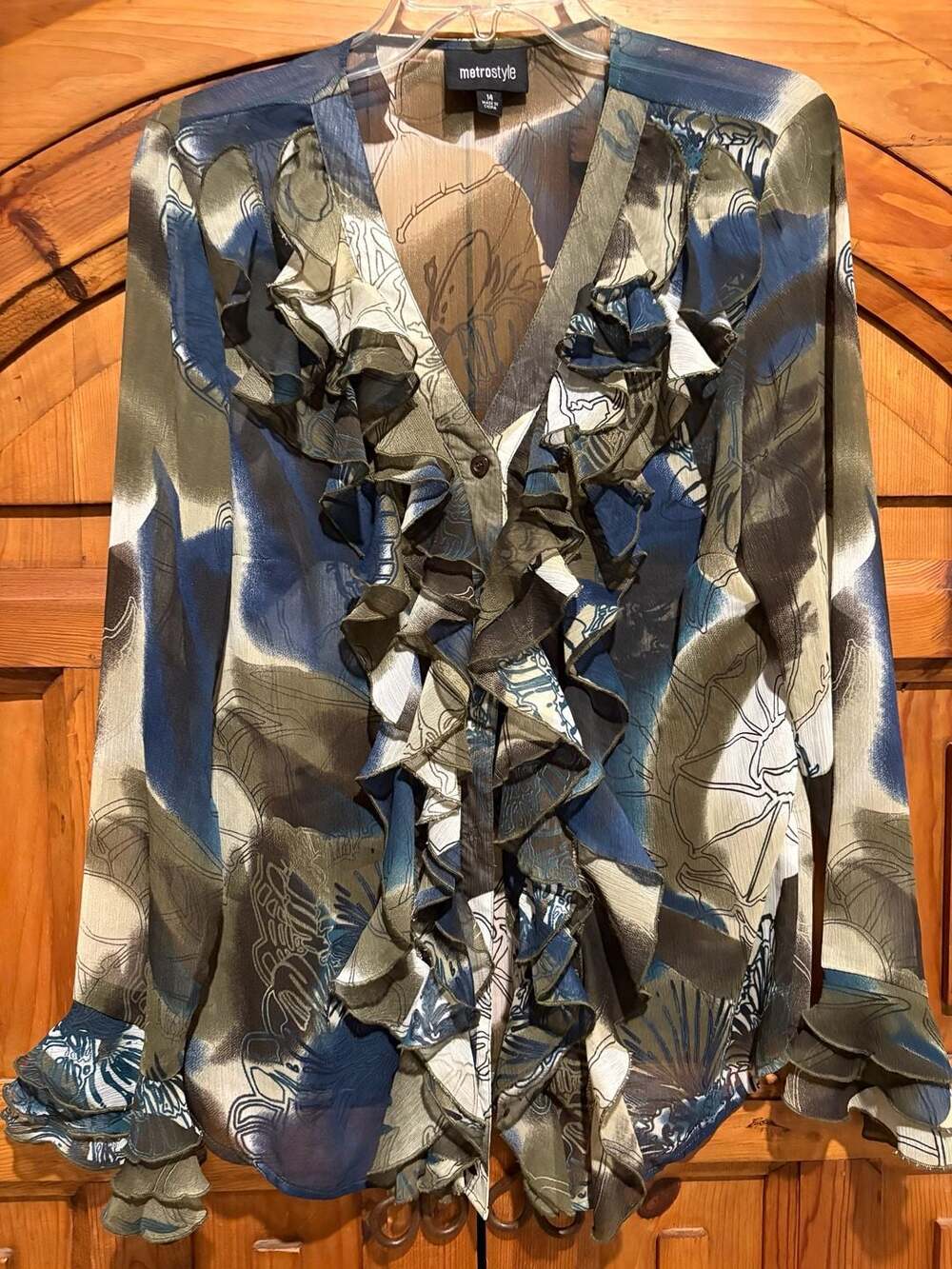 Sheer, long-sleeve v-neck ruffle blouse in an abstract watercolor print Whimsy B